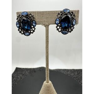Vintage Style Blue Crystal Clip On Earrings Gunmetal Filigree Statement Jewelry